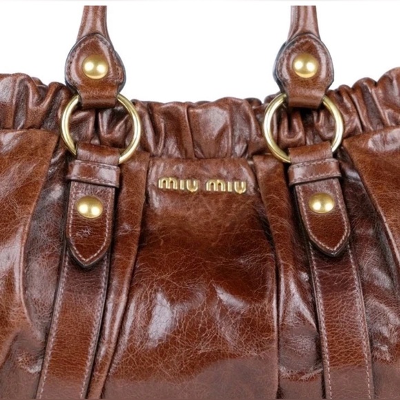 100% Authentic MIU MIU Tote Bag Classic Vitello Lux Browm Satchel - Rare Iconic - Picture 3 of 9